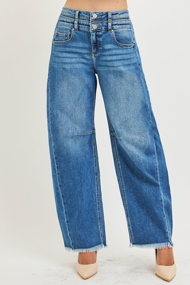 Slouchy Barrel Double Waistband Detail Jeans