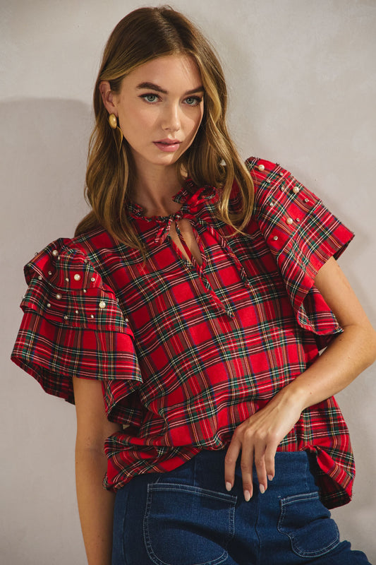 PEARLS RUFFLED SLEEVELESS PLAID TOP