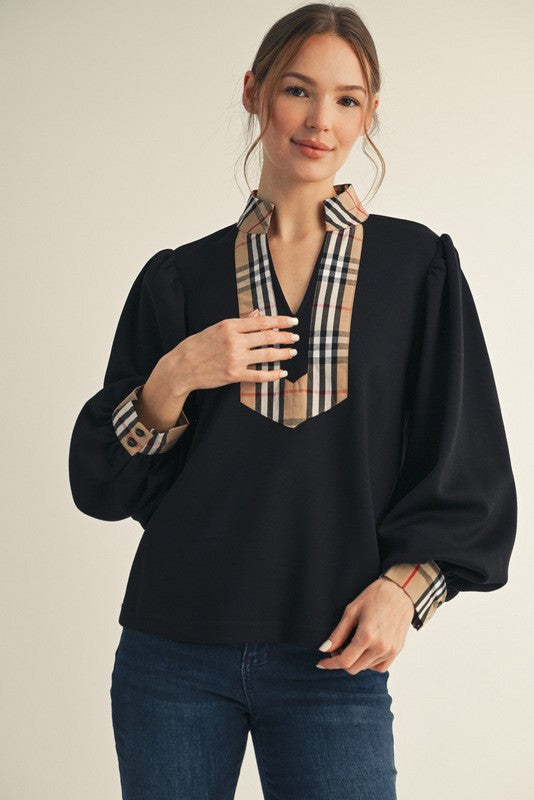 Plaid Contrast Mock Neck Solid Top