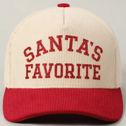 Santa's Favorite Glitter Text Corduroy Cap