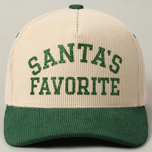 Santa's Favorite Glitter Text Corduroy Cap