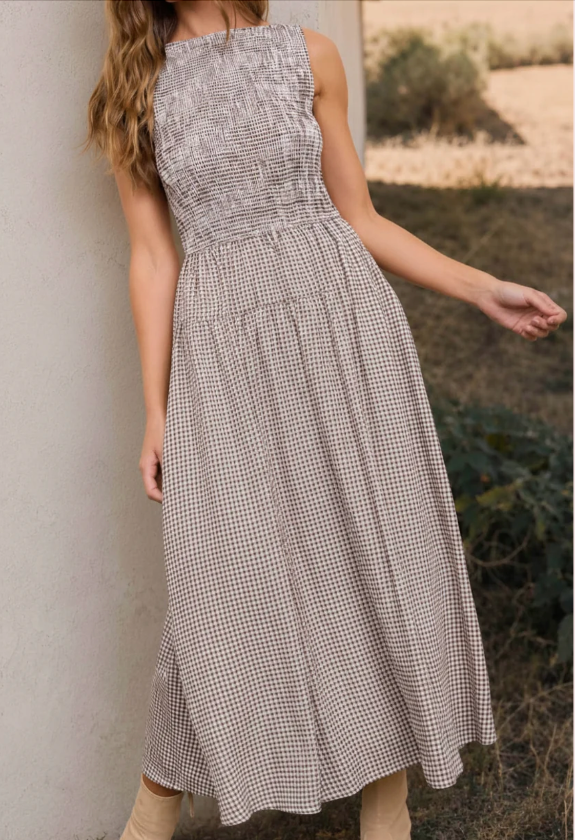 Smocked Gingham Tiered Sleeveless Midi Dress