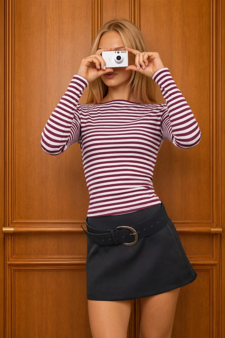 Boat Neck Stripe Long Sleeve Knit Top