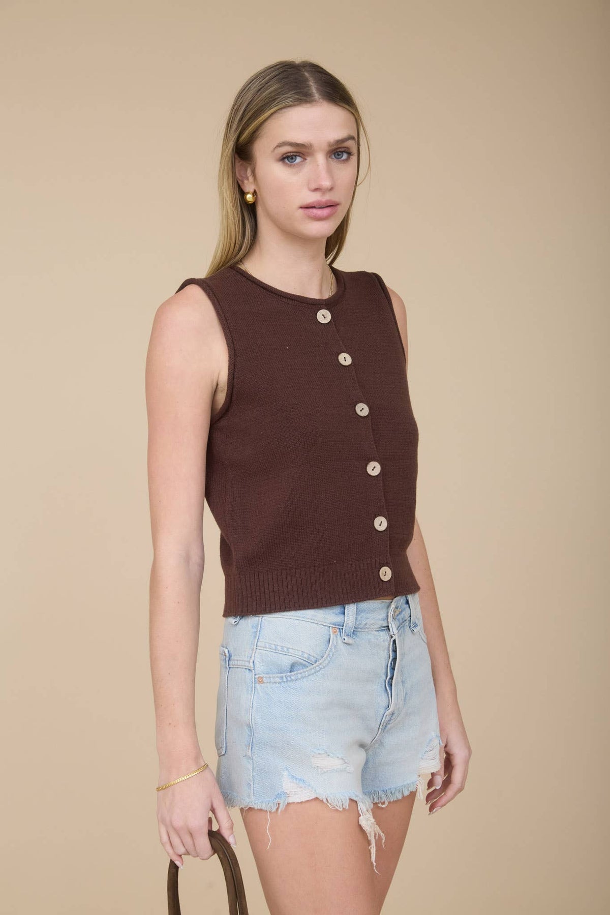 RAW EDGE BUTTON DOWN KNIT CARDIGAN VEST TOP