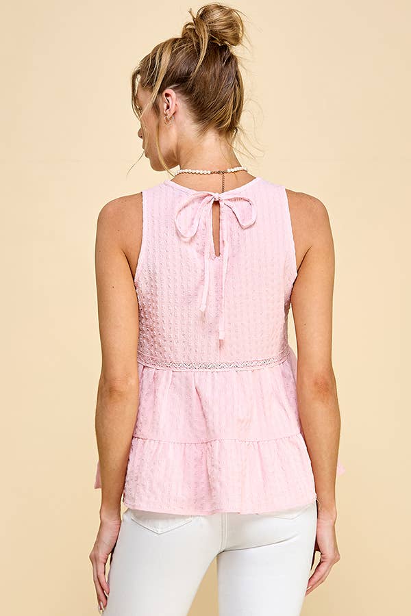 WK50480 - BABYDOLL TIER BUBLLE WOVEN TOP WITH TIE BACK