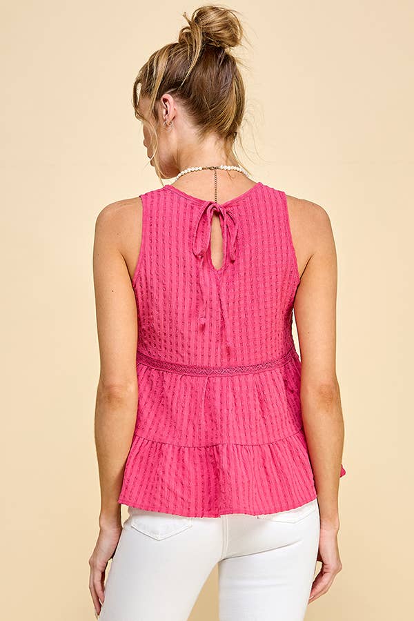WK50480 - BABYDOLL TIER BUBLLE WOVEN TOP WITH TIE BACK