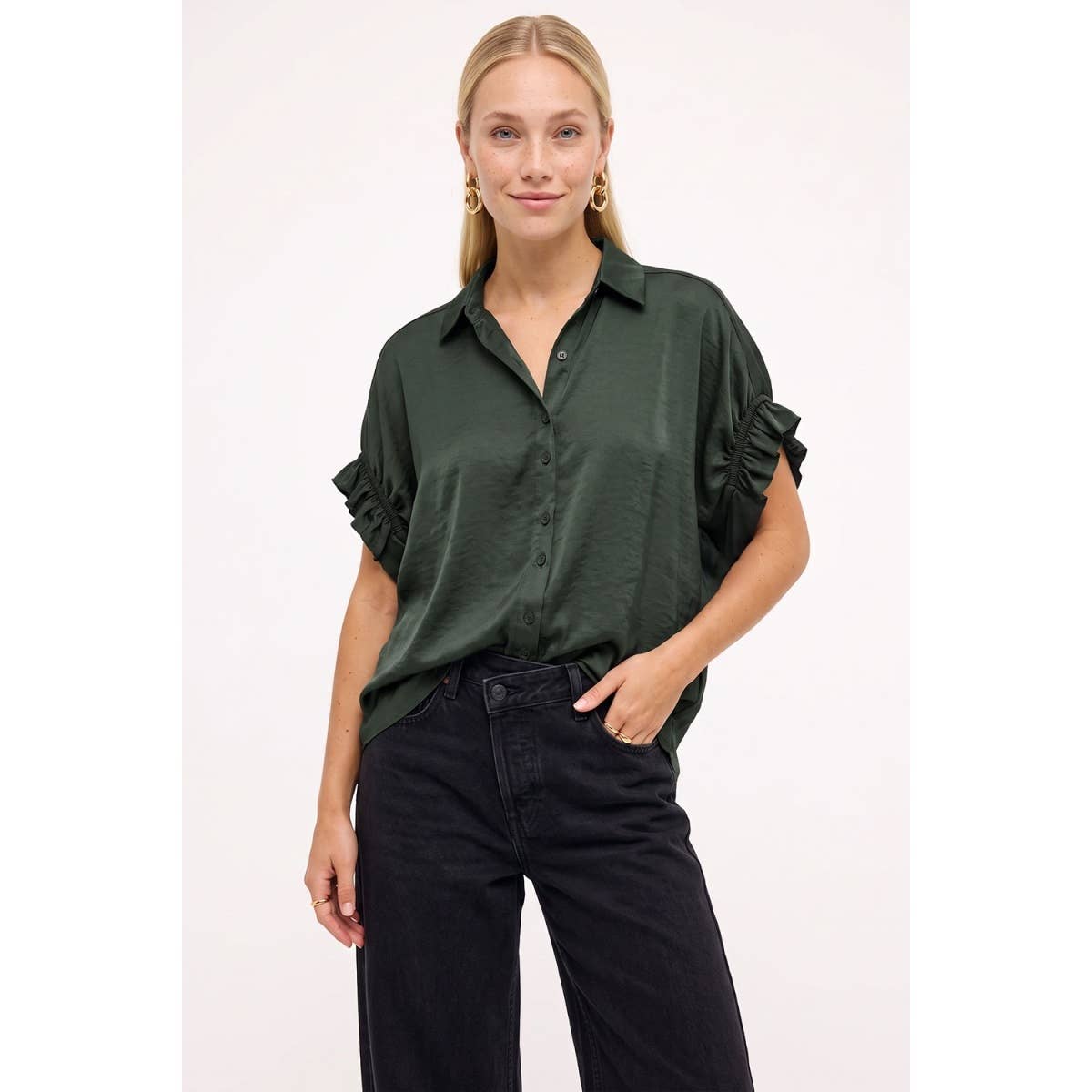 Short Ruffle Sleeve Button-up Blouse