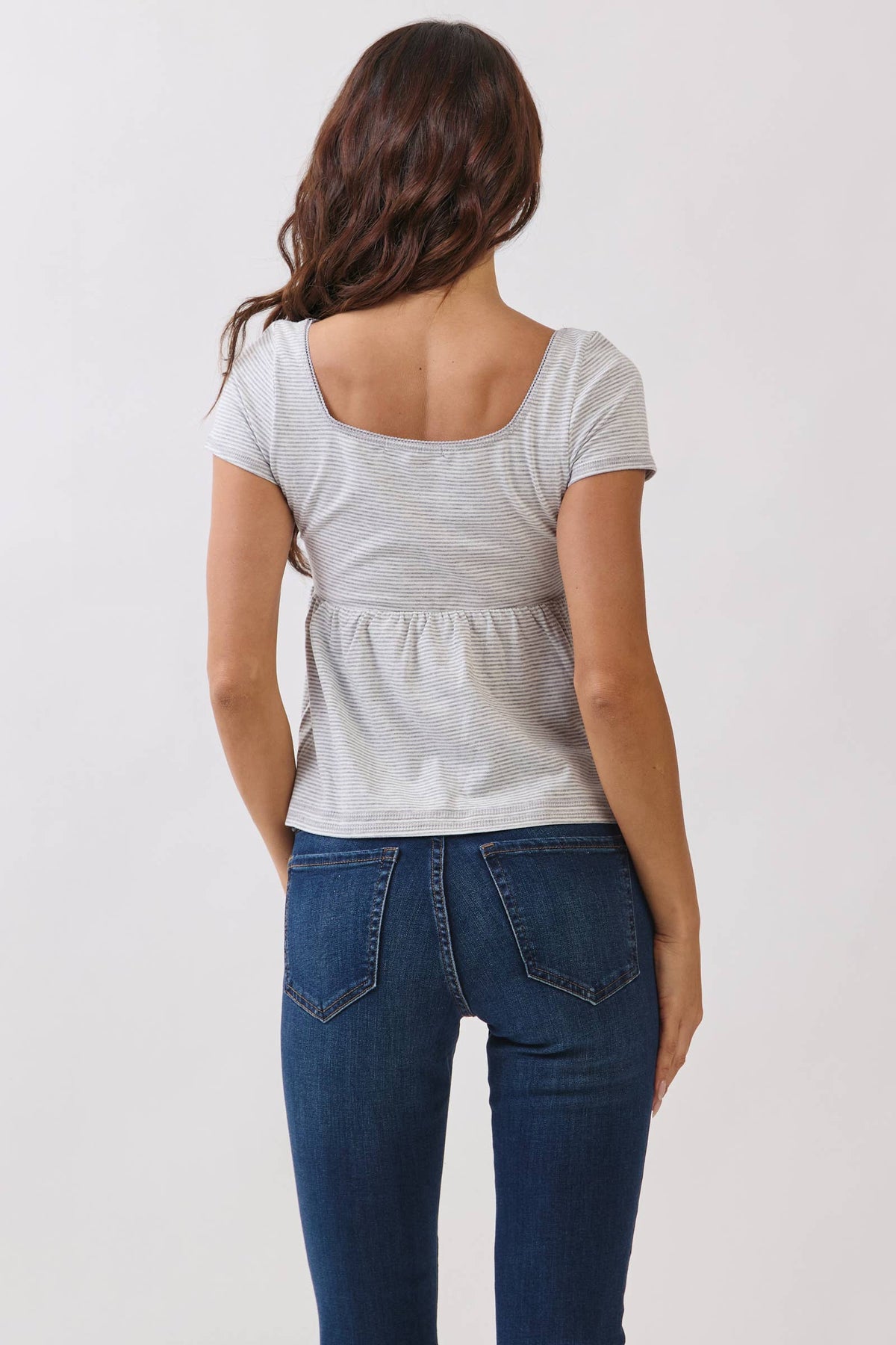 JT57348S - STRIPE SQUARE NK HENLEY BABYDOLL TEE