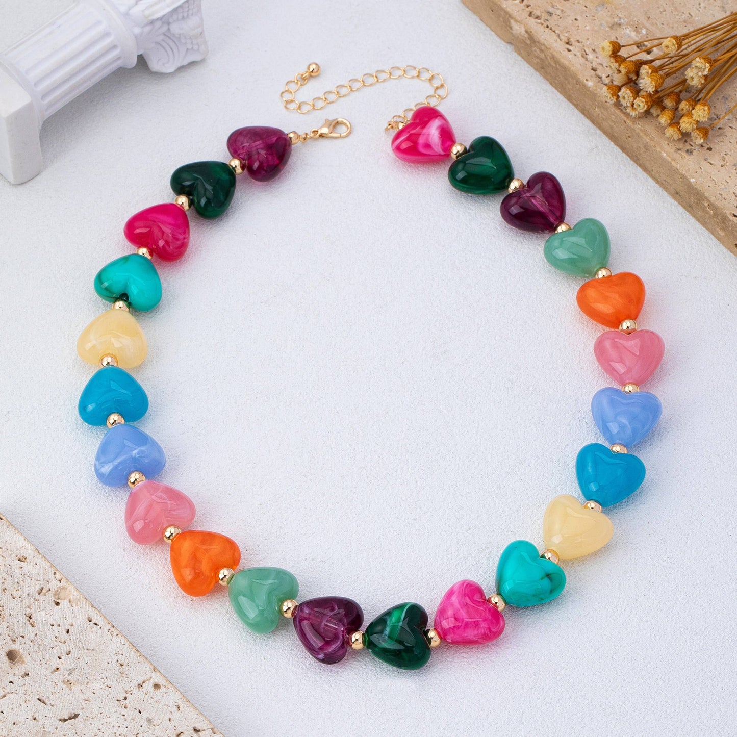 Multi-Color Resin Heart Bead Necklace