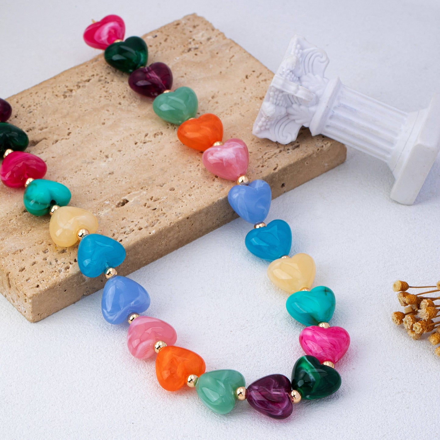 Multi-Color Resin Heart Bead Necklace