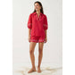 Contrast Trim Puff Sleeve Linen Blouse