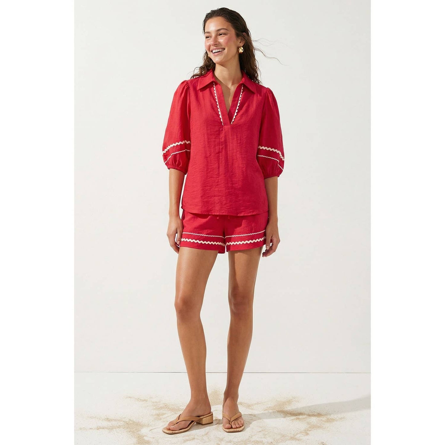 Contrast Trim Puff Sleeve Linen Blouse