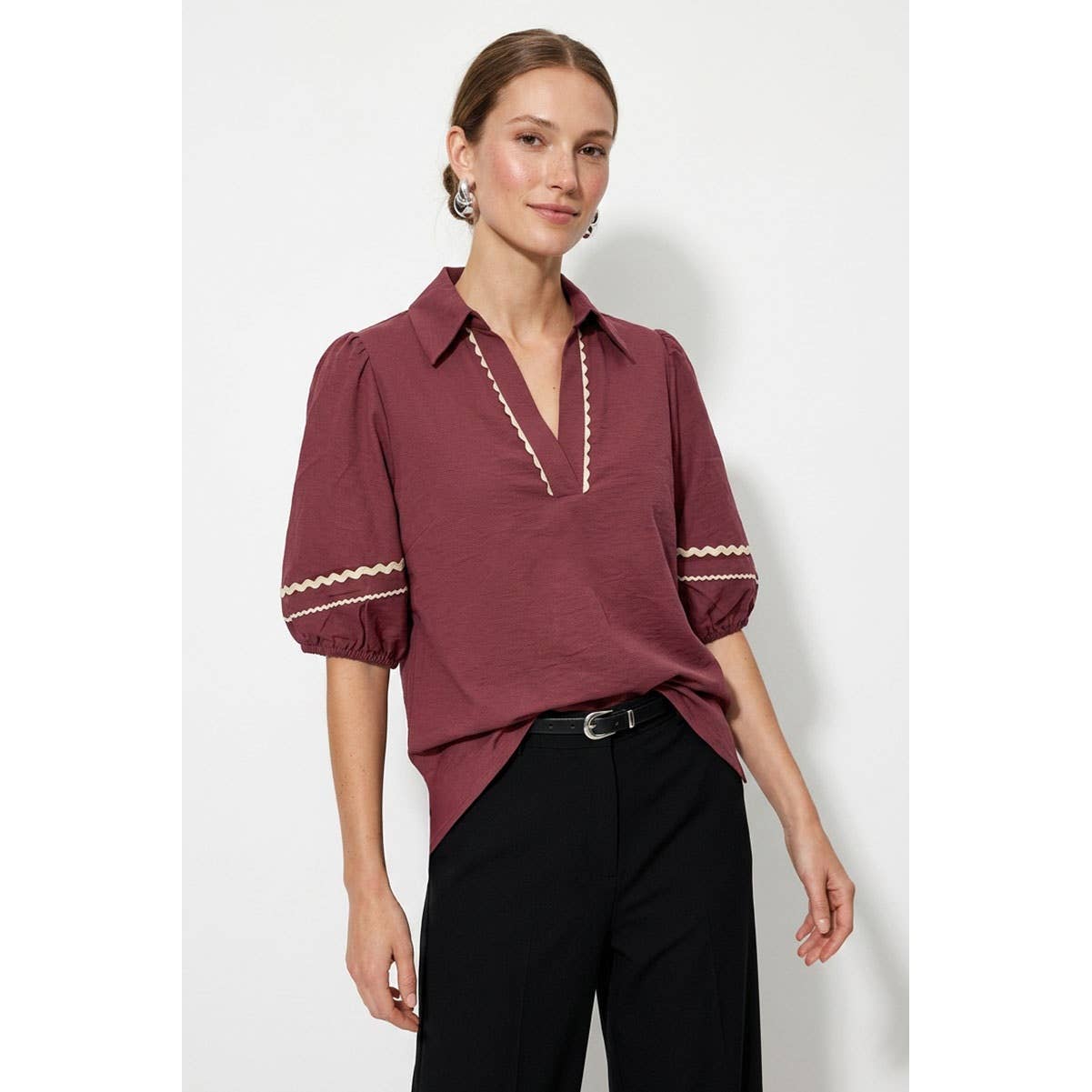 Contrast Trim Puff Sleeve Linen Blouse