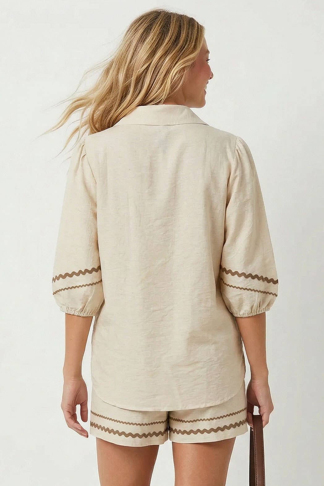 Contrast Trim Puff Sleeve Linen Blouse