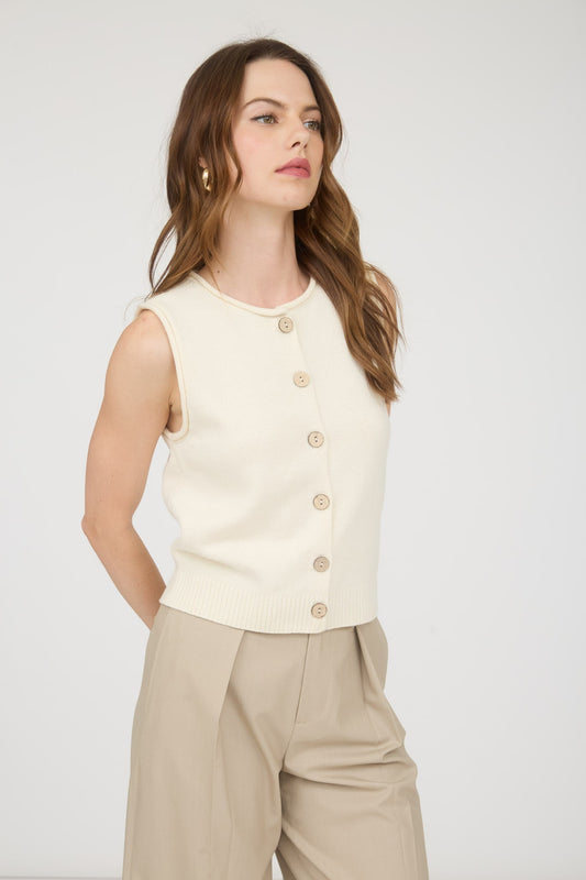 Raw Edge Button Down Knit Cardigan Vest Top