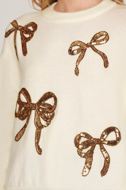 LONG SLEEVE SEQUIN RIBBON SWEATER TOP