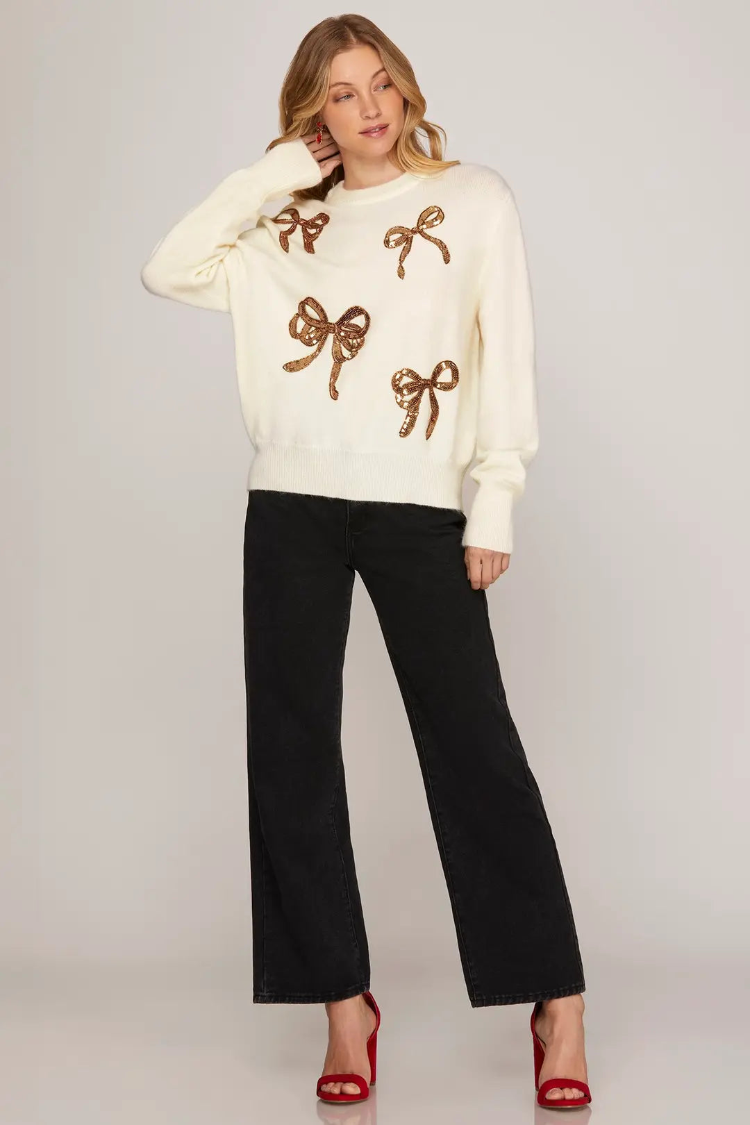 LONG SLEEVE SEQUIN RIBBON SWEATER TOP