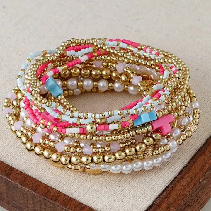 Cross Gold Faux Pearl Bracelet Set