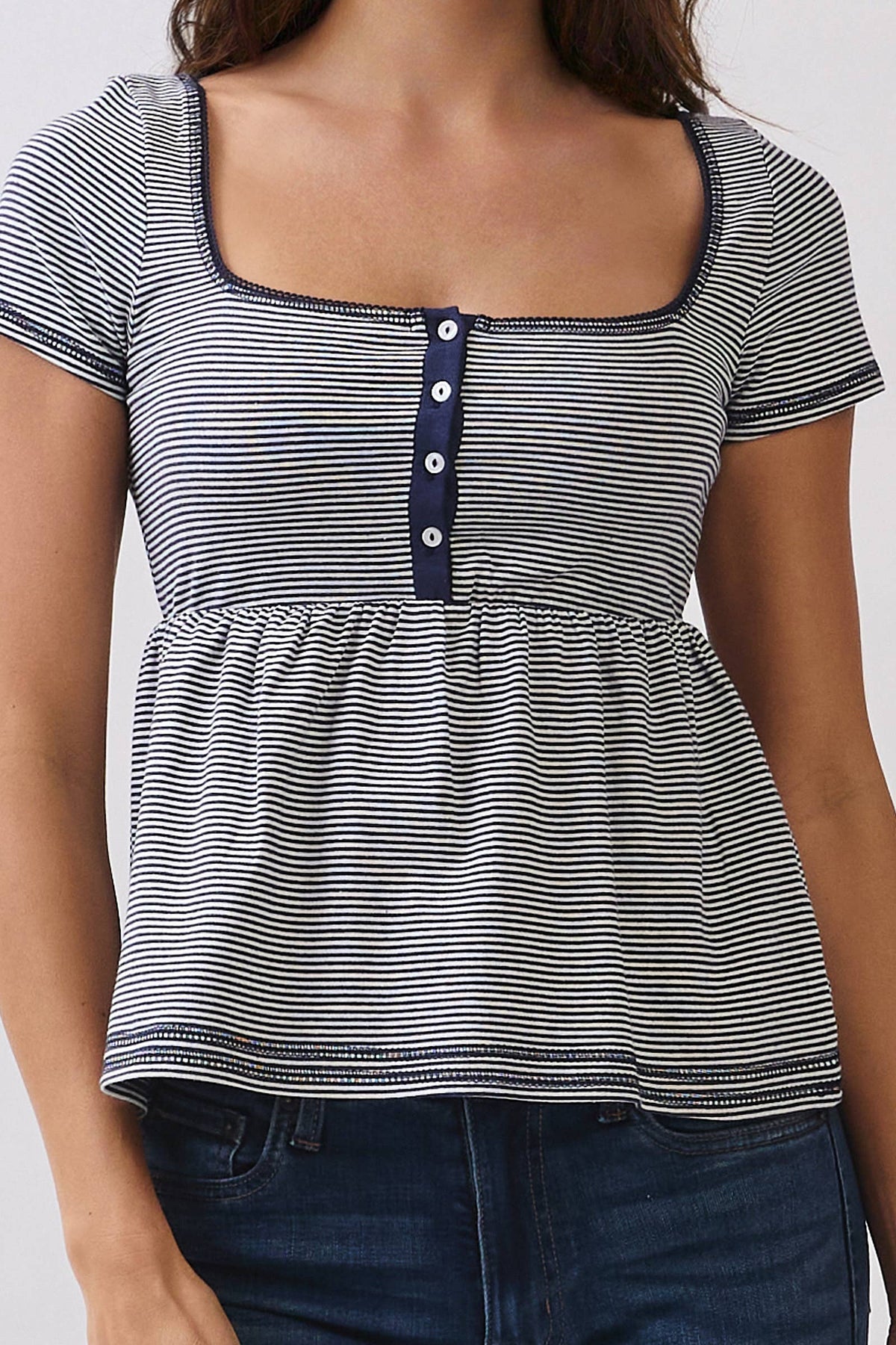 JT57348S - STRIPE SQUARE NK HENLEY BABYDOLL TEE