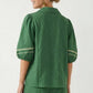 Contrast Trim Puff Sleeve Linen Blouse