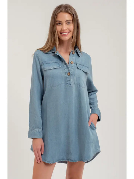 BLU PEPPER - Chambray Collared Long Sleeve Mini Shirt Dress