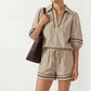 Contrast Trim Puff Sleeve Linen Blouse