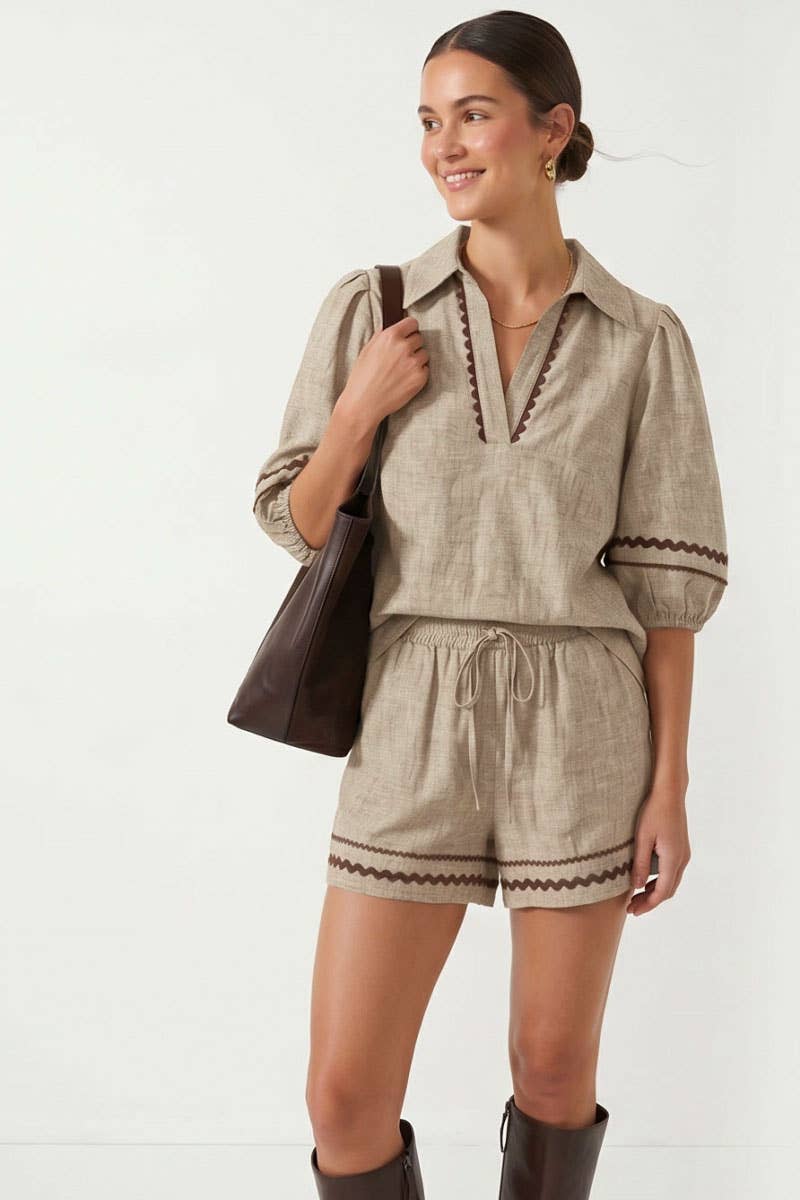 Contrast Trim Puff Sleeve Linen Blouse