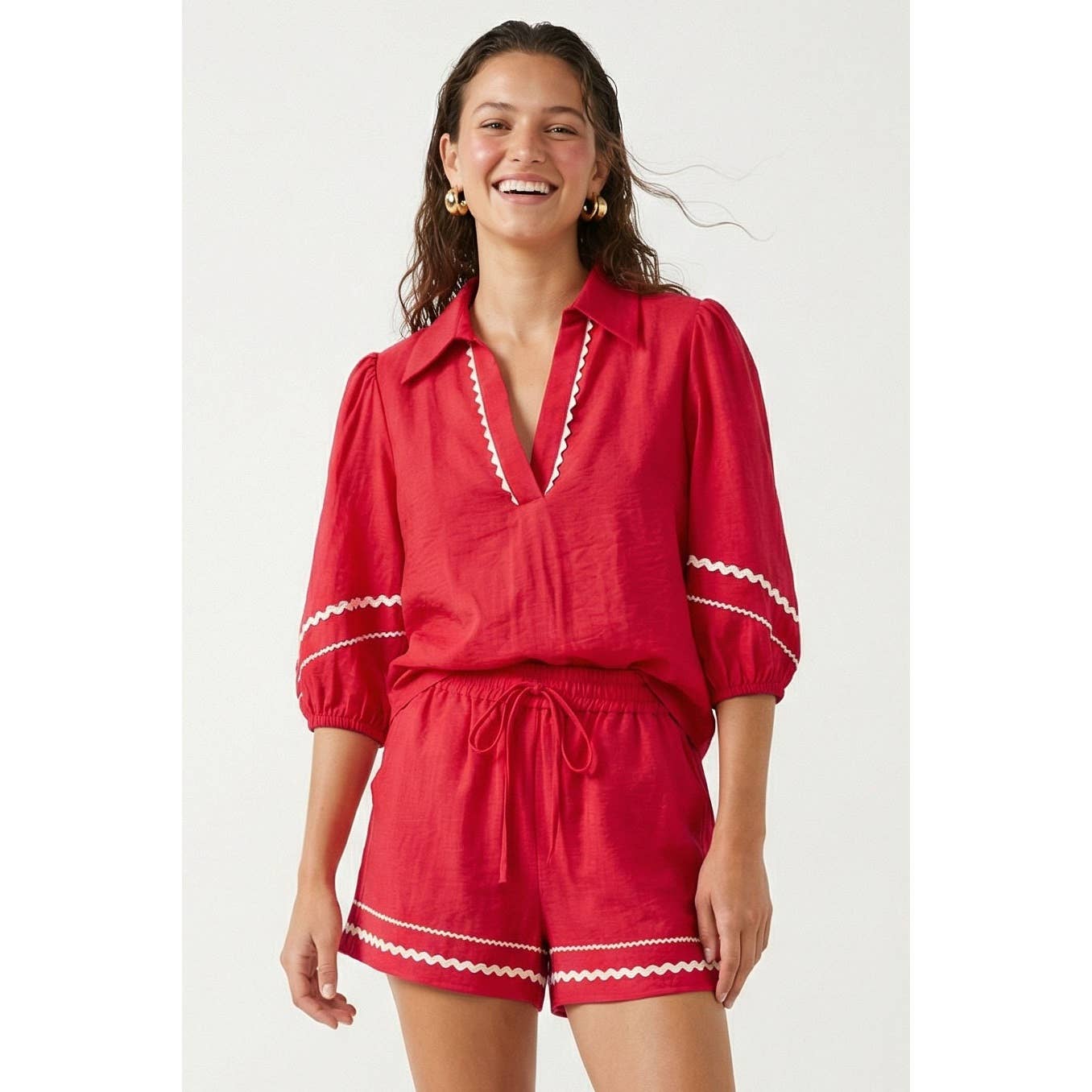 Contrast Trim Puff Sleeve Linen Blouse