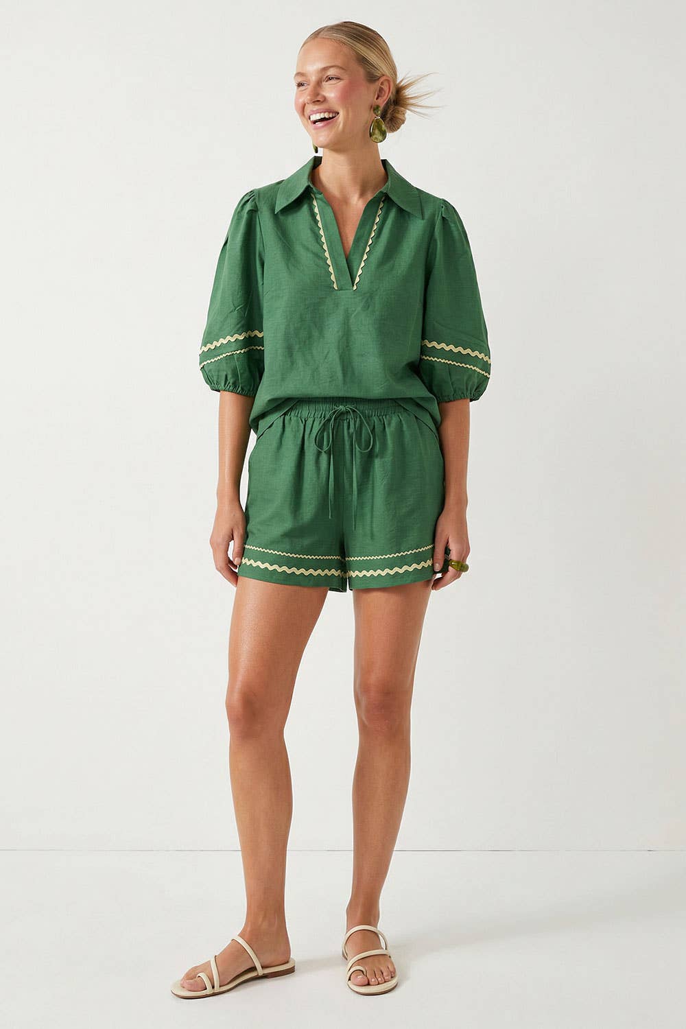 Contrast Trim Puff Sleeve Linen Blouse