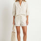 Contrast Trim Puff Sleeve Linen Blouse