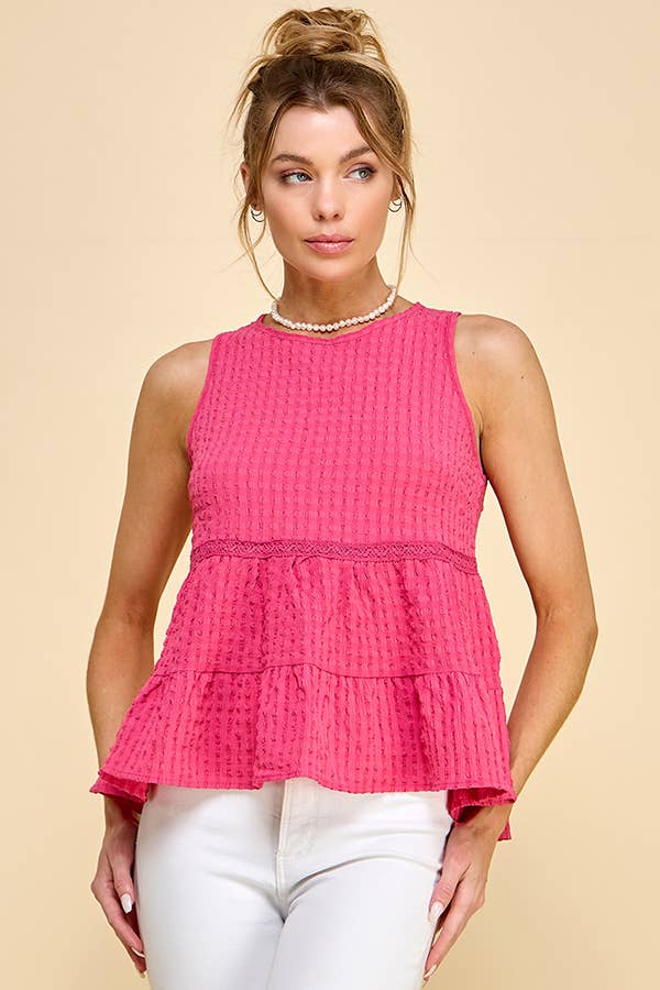 WK50480 - BABYDOLL TIER BUBLLE WOVEN TOP WITH TIE BACK