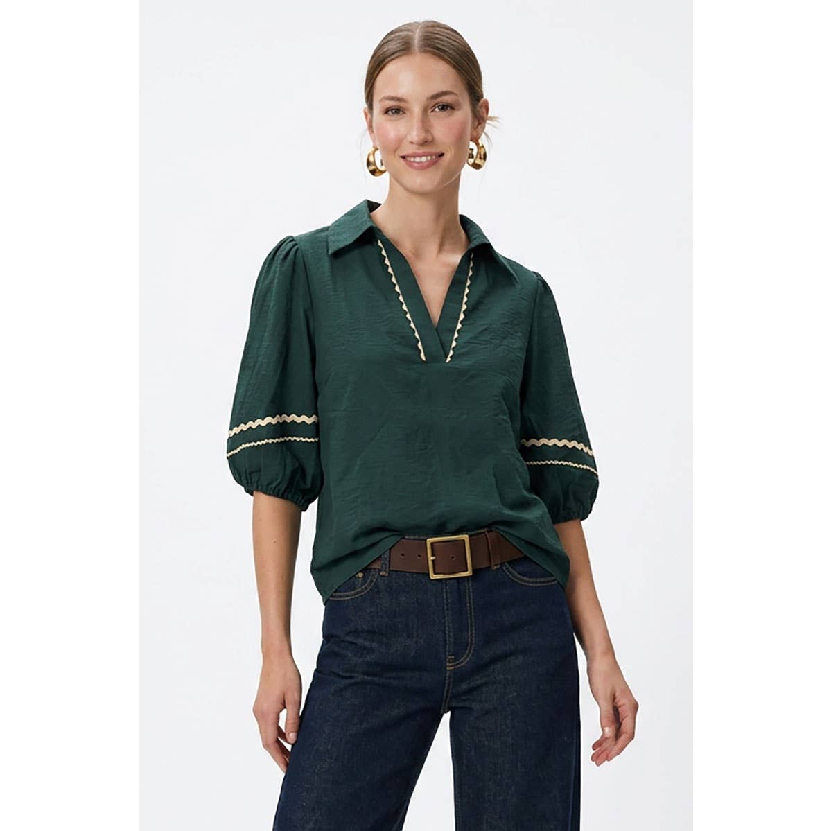 Contrast Trim Puff Sleeve Linen Blouse