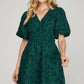 BALLOON SLEEVE PLUNGING NECK FLORAL PATTERN JACQUARD DRESS