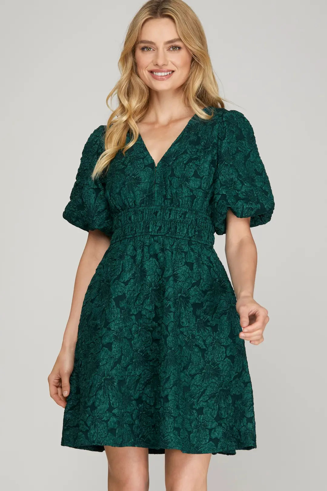 BALLOON SLEEVE PLUNGING NECK FLORAL PATTERN JACQUARD DRESS