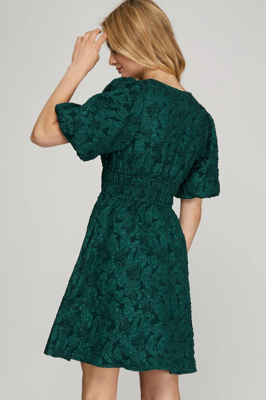 BALLOON SLEEVE PLUNGING NECK FLORAL PATTERN JACQUARD DRESS