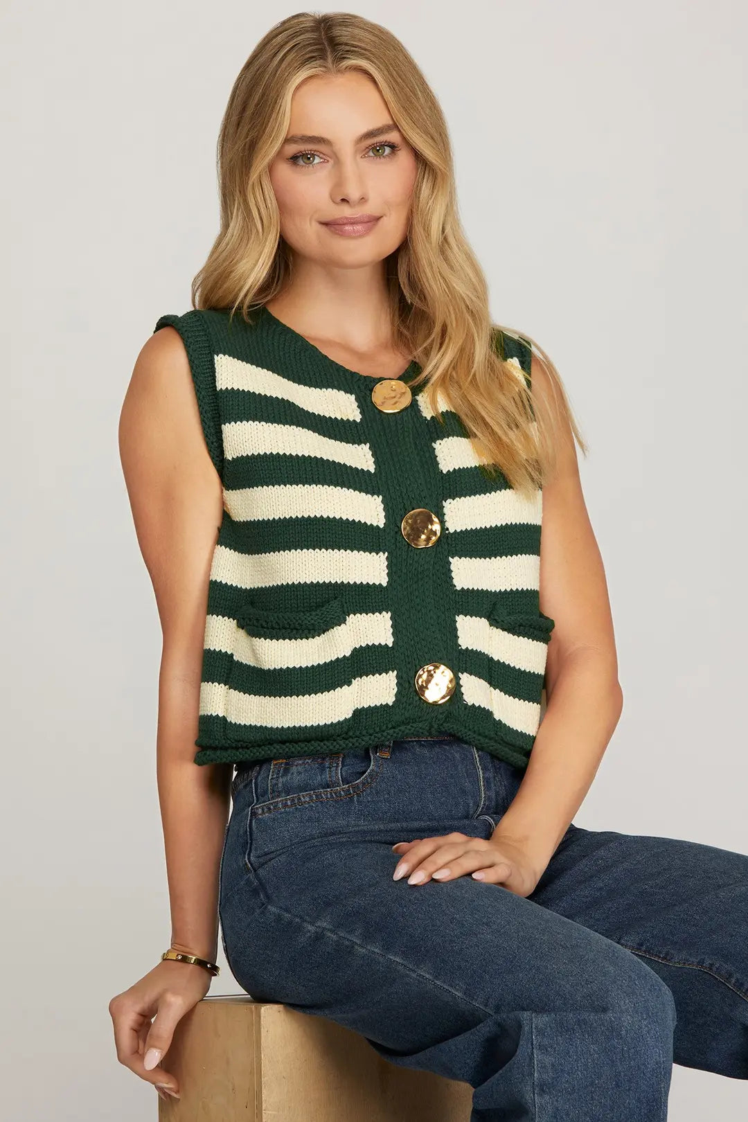 SLEEVELESS STRIPED BUTTON DOWN KNIT SWEATER VEST