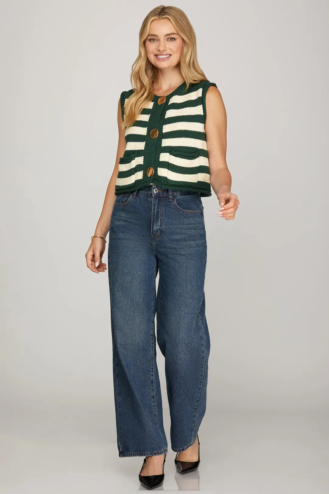 SLEEVELESS STRIPED BUTTON DOWN KNIT SWEATER VEST