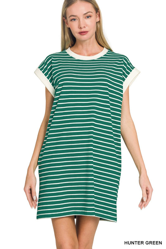 Striped Contrast Trim Rib Banded T-shirts Dress