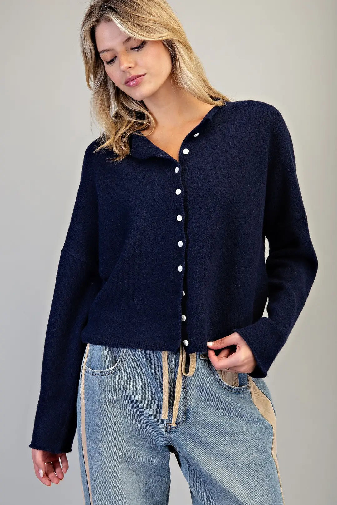 Solid Button Down Long Sleeve Cardigan
