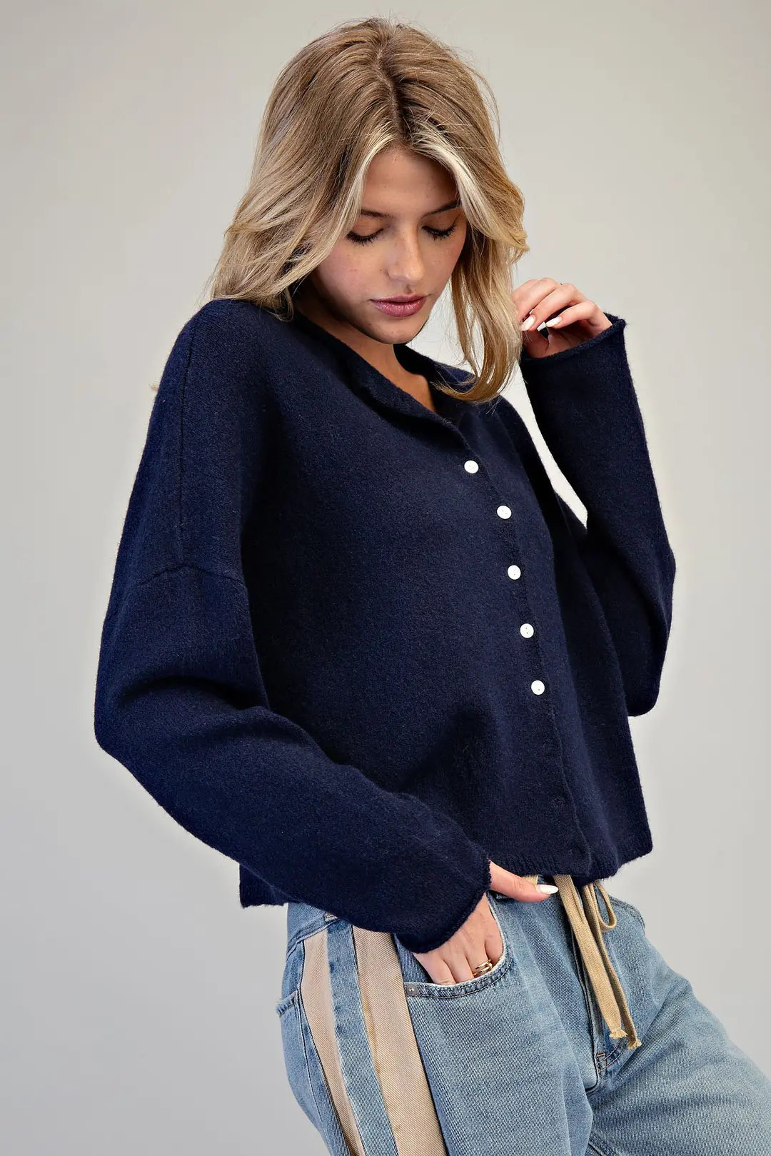 Solid Button Down Long Sleeve Cardigan