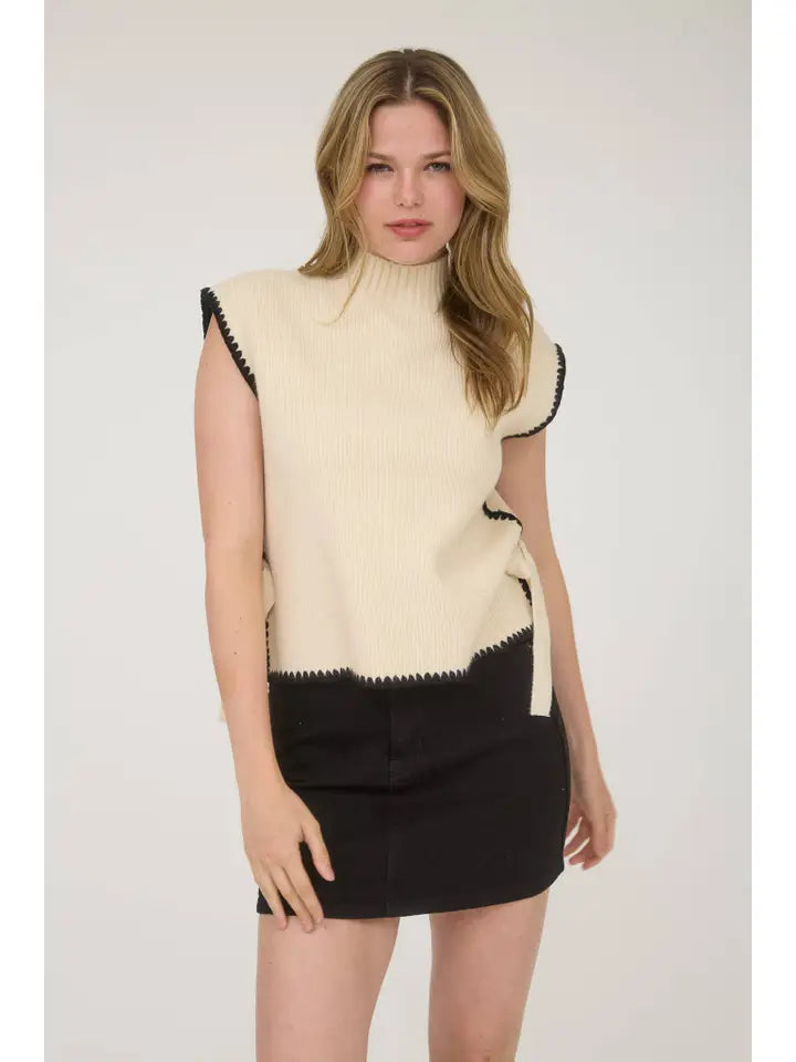 Mock Neck Contrast Stitch Side Tie Sweater Top