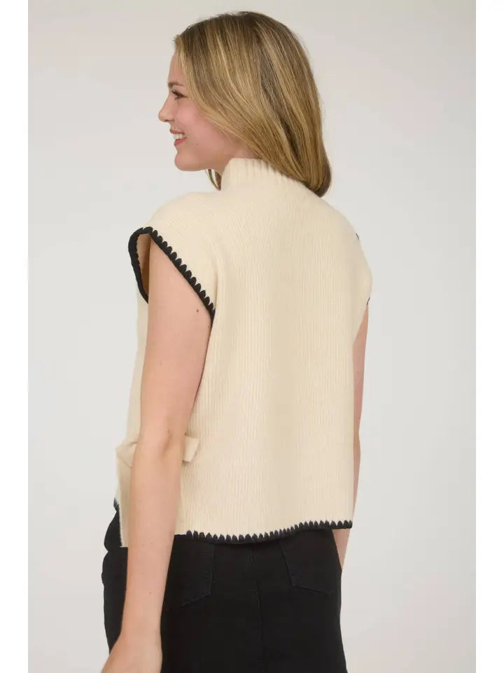 Mock Neck Contrast Stitch Side Tie Sweater Top