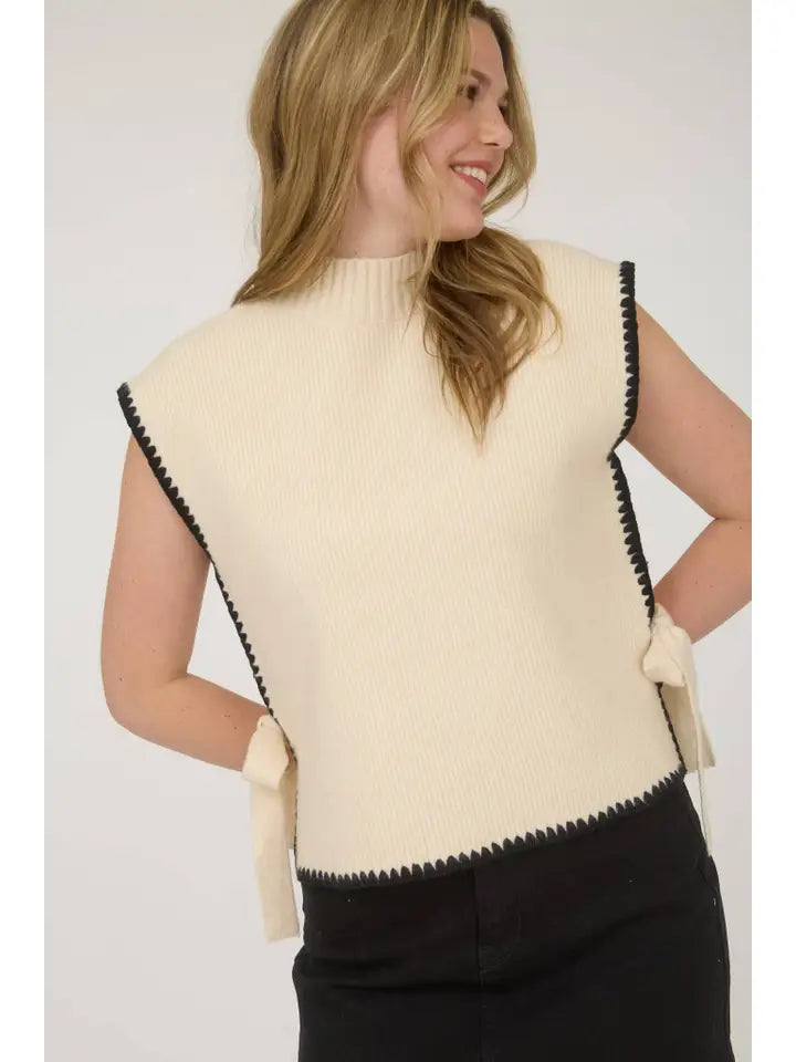 Mock Neck Contrast Stitch Side Tie Sweater Top