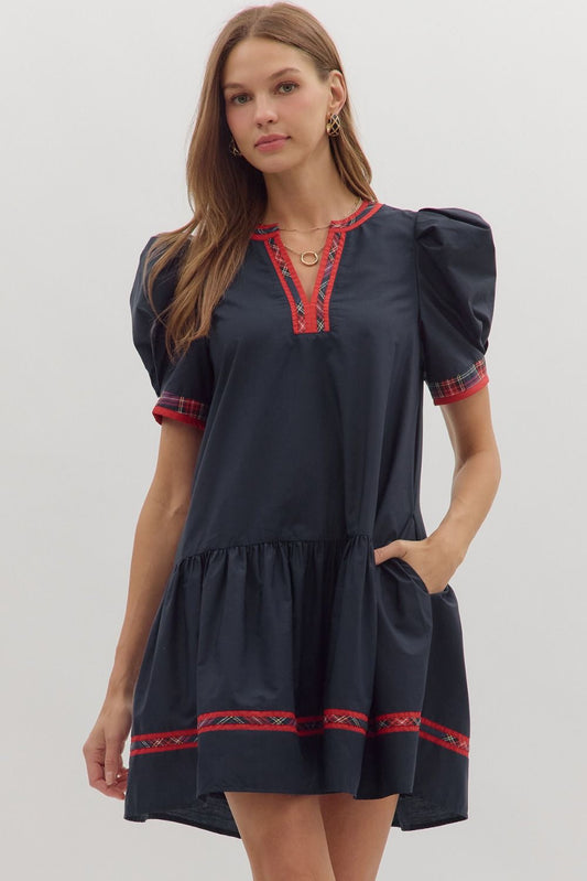 Navy Solid puff sleeve mini dress