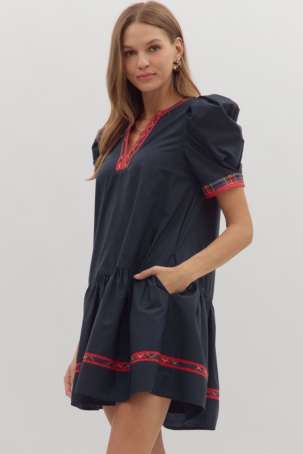 Navy Solid puff sleeve mini dress