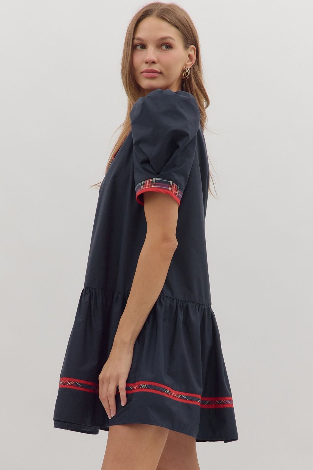 Navy Solid puff sleeve mini dress