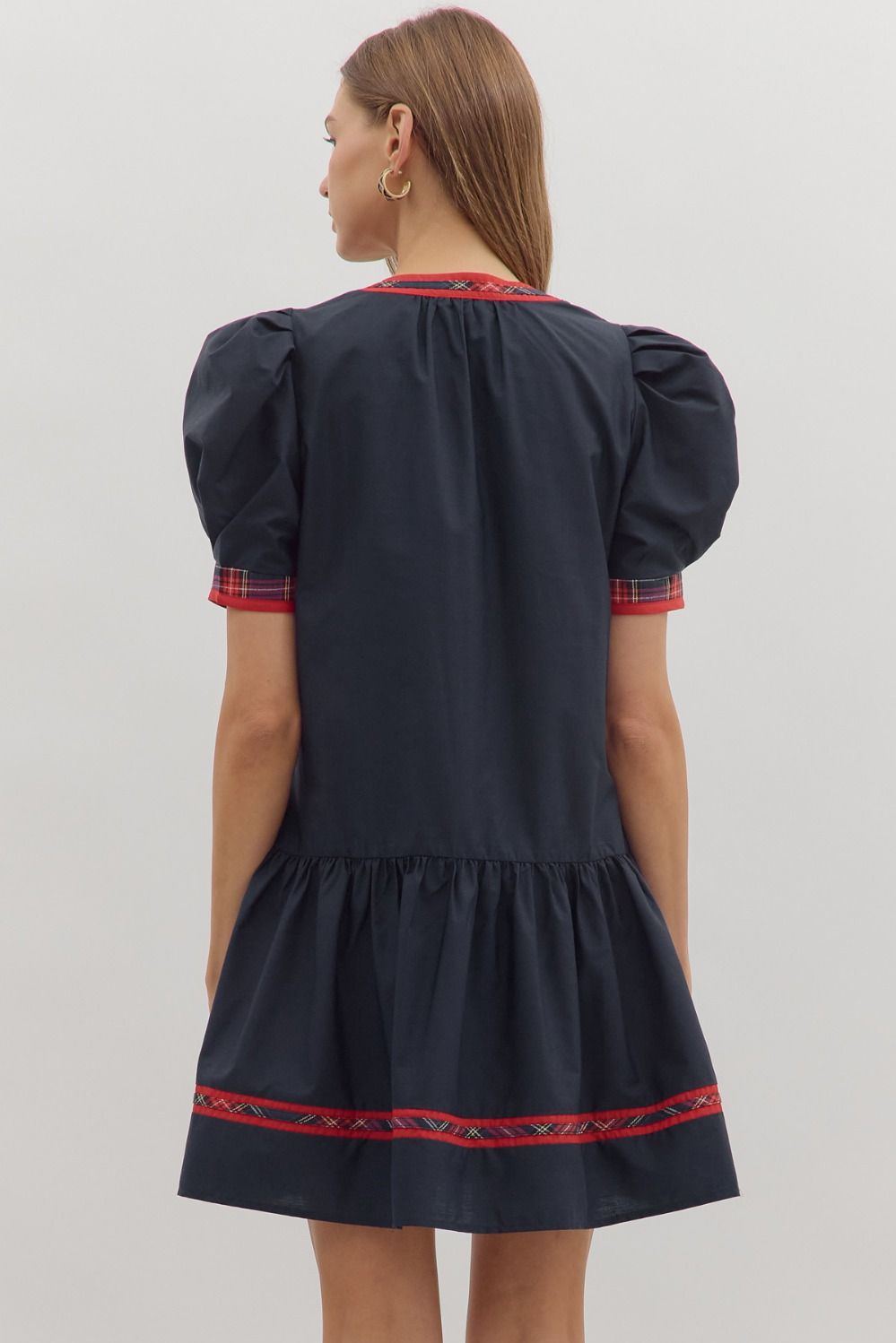 Navy Solid puff sleeve mini dress