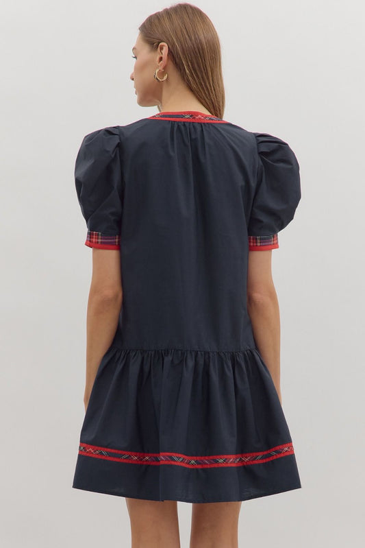 Navy Solid puff sleeve mini dress