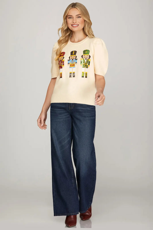 HALF SLEEVE NUTCRACKER SEQUIN PATCHED SWEATER TOP