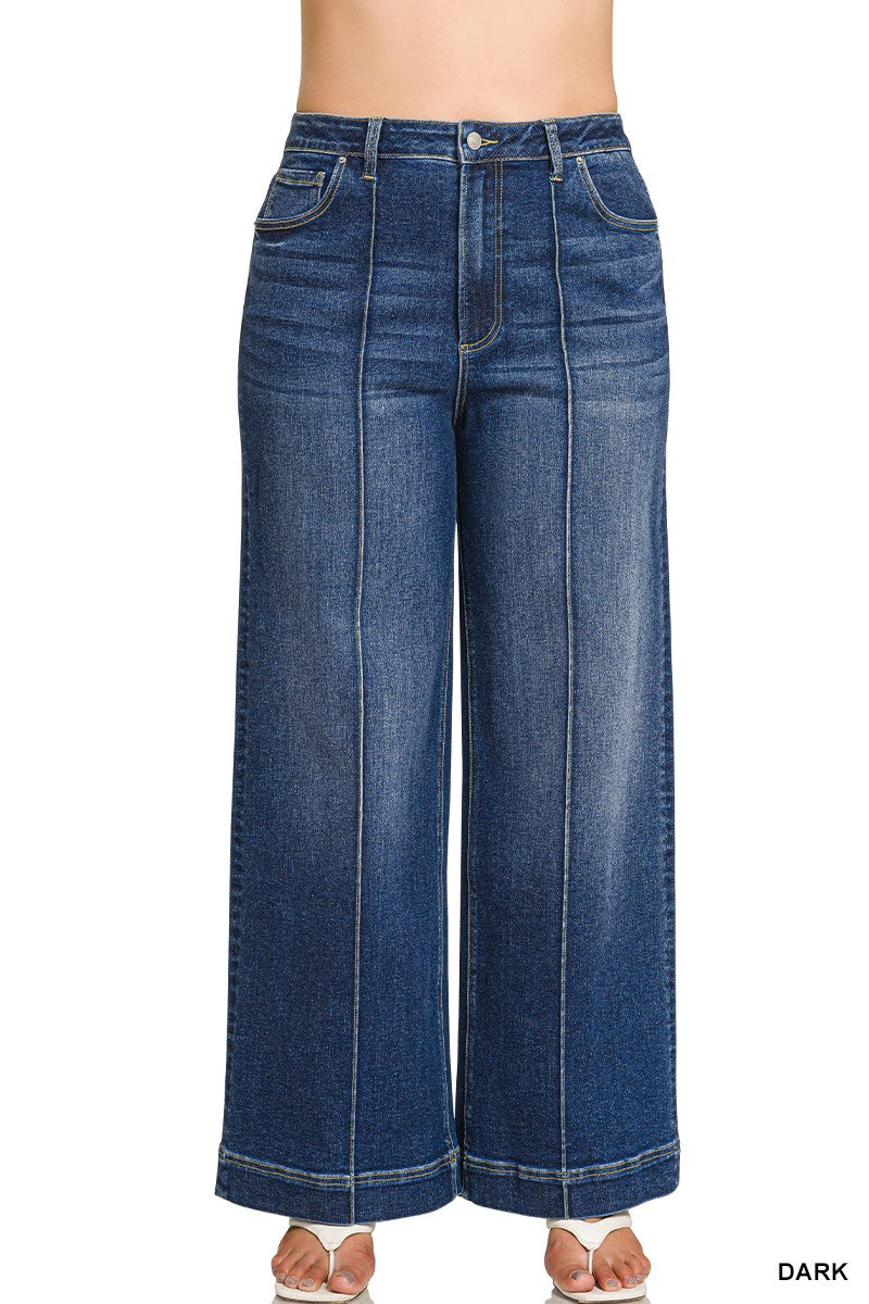 Plus High Rise Wide Leg Pintuck Denim Pants